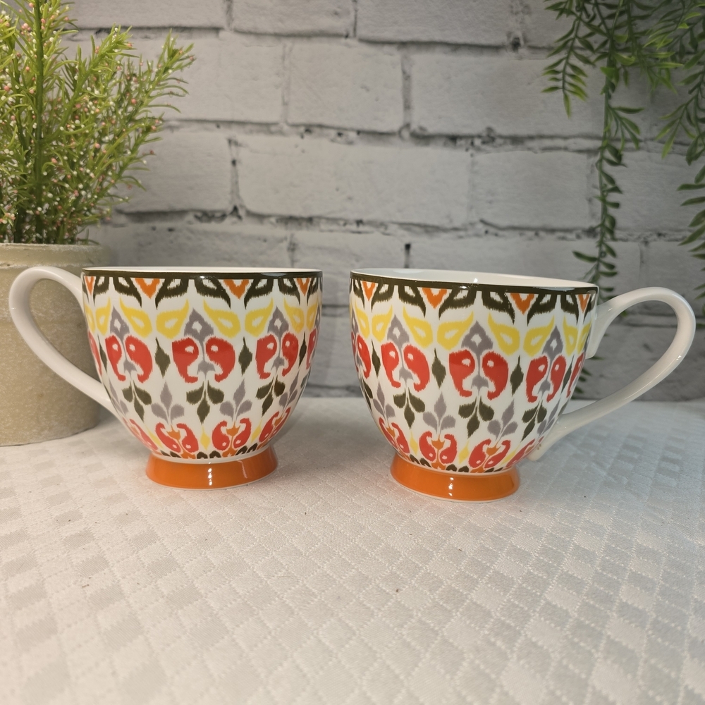 PORTOBELLA BY INSPIRE RED YELLOW ORANGE GEOMETRIC TEA MUG SET VIBRANT